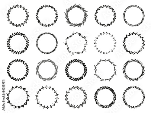 Collection of different black and white silhouette circular laurel foliate, wheat and oak wreaths depicting an award, achievement, heraldry, nobility. Vector illustration.