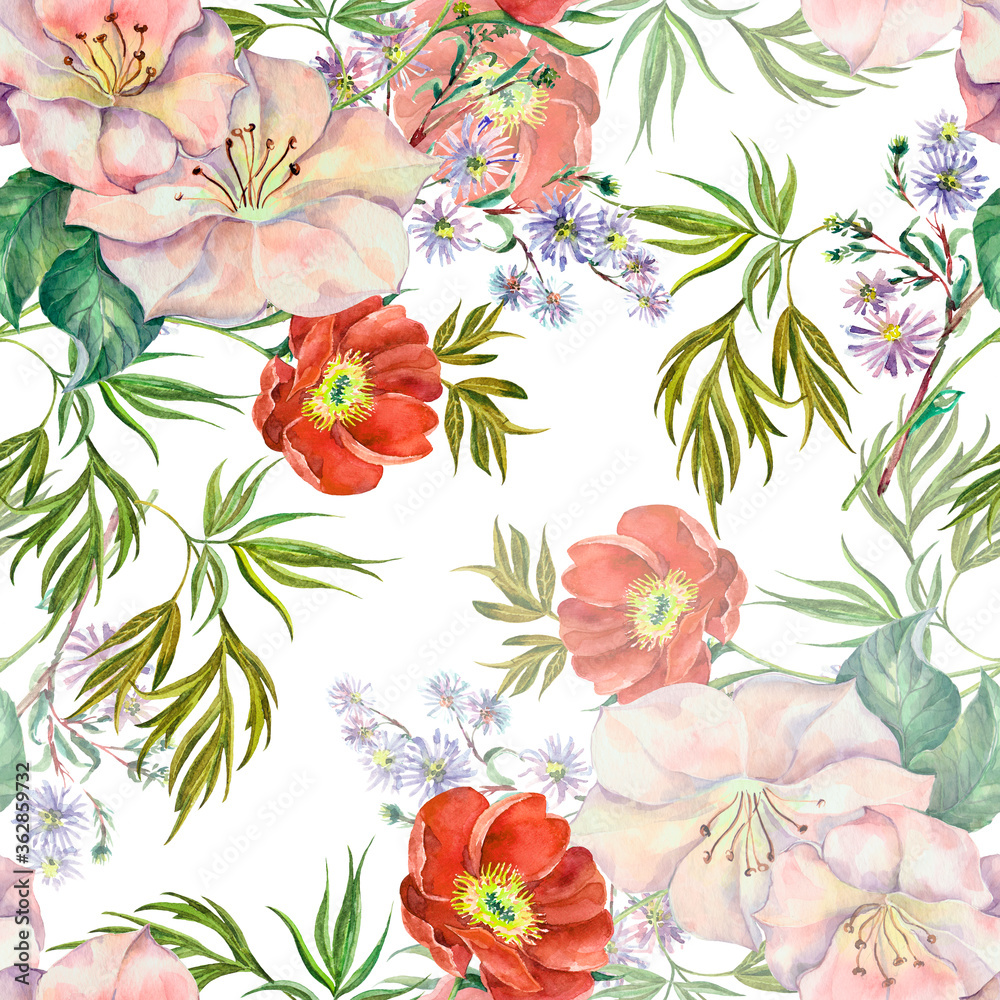 Obraz premium Watercolor bouquet flowers on white background. Floral seamless pattern for fabric.