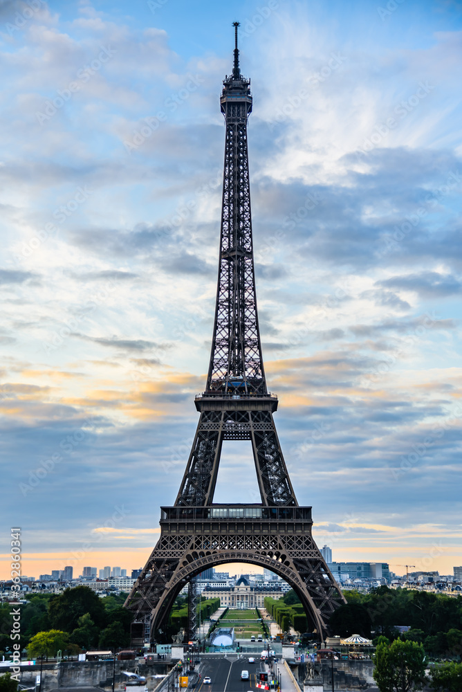 The famous Eiffel tower during sunrise.