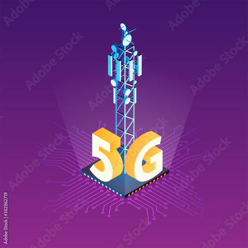 Broadcasting tower for high speed internet communication. Antenna for wireless network. 5G network wireless technology. Isometric vector illustration
