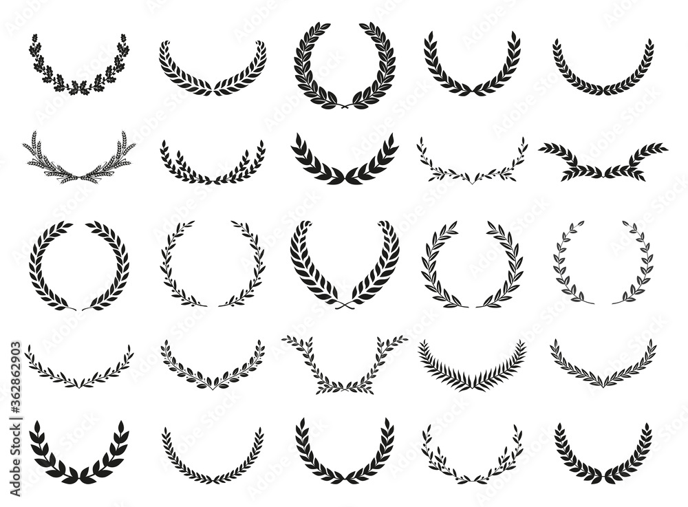 Obraz premium Collection of different black and white silhouette circular laurel foliate, wheat and oak wreaths depicting an award, achievement, heraldry, nobility. Vector illustration.