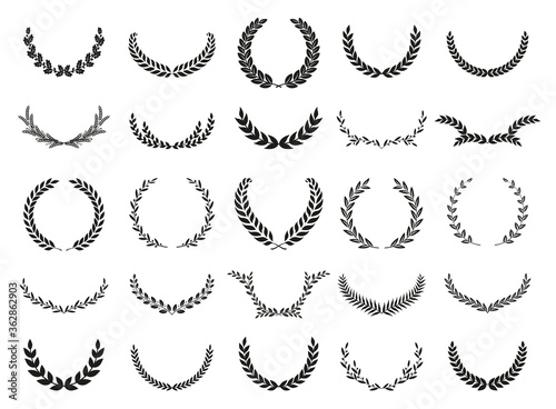 Collection of different black and white silhouette circular laurel foliate, wheat and oak wreaths depicting an award, achievement, heraldry, nobility. Vector illustration.