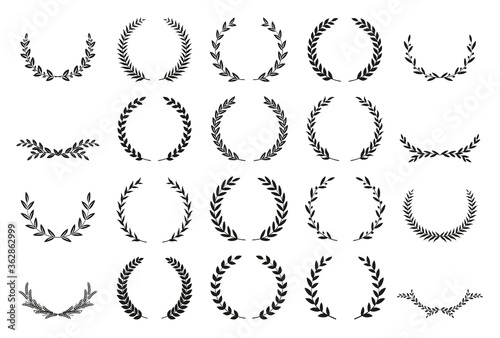 Collection of different black and white silhouette circular laurel foliate, wheat and oak wreaths depicting an award, achievement, heraldry, nobility. Vector illustration.
