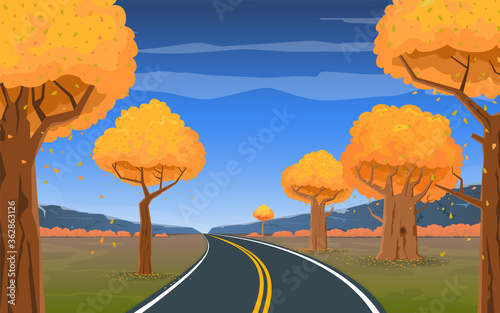 The road goes into the distance through the forest on a background of a beautiful autumn landscape. Cartoon vector illustration