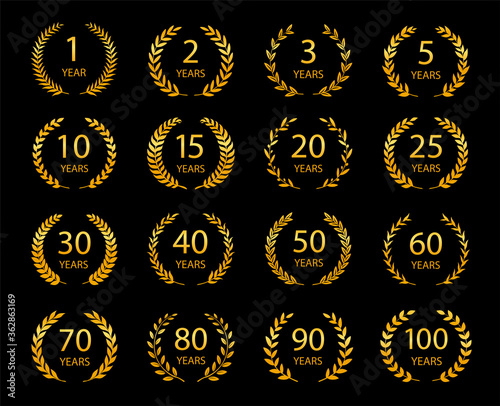 Set of anniversary laurel wreaths. Golden anniversary symbols. 1, 2, 3, 5, 10, 15, 20, 25, 30, 40, 50, 60, 70, 80, 90, 100 years. Template for award and congratulation design. Vector illustration.