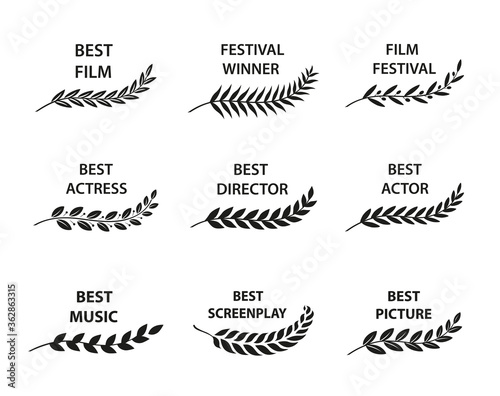 Film Awards. Set of black and white silhouette award branches. Vector illustration.