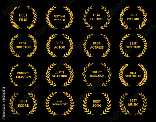 Film Awards. Golden award wreaths on black background. Vector illustration.