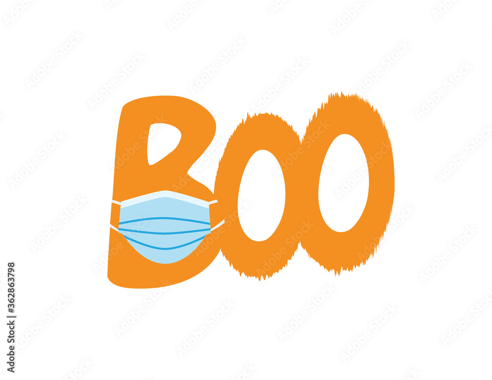Boo icon with White Orange letters wearing Blue surgical mask on White background Boo icon with White Orange letters wearing Blue surgical mask on White background