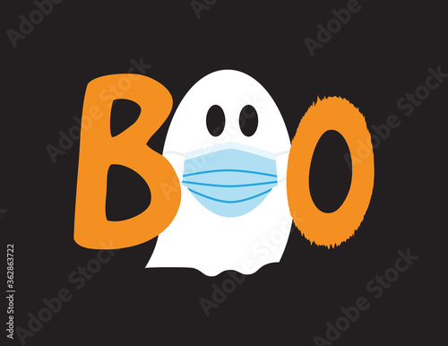 Boo icon with White ghost wearing Blue surgical mask and Orange letters on Black background