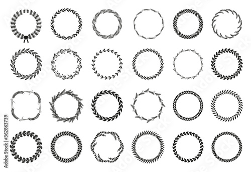 Collection of different black and white silhouette circular laurel foliate, wheat and oak wreaths depicting an award, achievement, heraldry, nobility. Vector illustration.