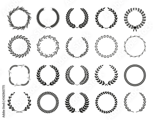 Collection of different black and white silhouette circular laurel foliate, wheat and oak wreaths depicting an award, achievement, heraldry, nobility. Vector illustration.