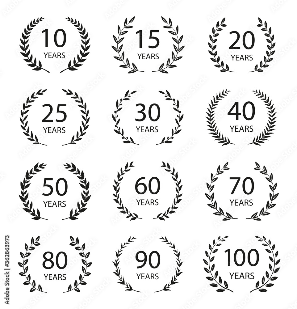 Set of anniversary laurel wreaths. Black and white anniversary symbols. 10, 15, 20, 25, 30, 40, 50, 60, 70, 80, 90, 100 years. Template for award and congratulation design. Vector illustration. Set of anniversary laurel wreaths. Black and white anniversary symbols. 10, 15, 20, 25, 30, 40, 50, 60, 70, 80, 90, 100 years. Template for award and congratulation design. Vector illustration.