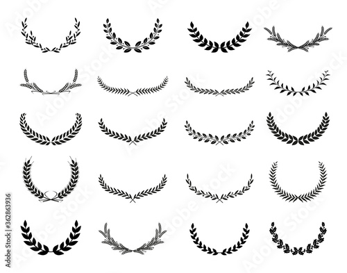 Set of different black and white silhouette round laurel foliate, wheat and oak wreaths depicting an award, achievement, heraldry, nobility. Vector illustration.