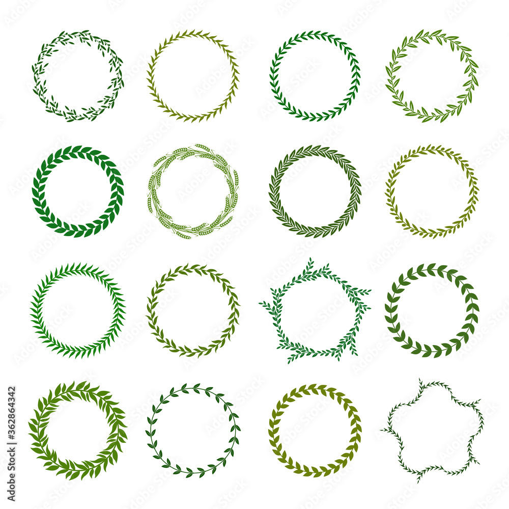 Collection of different green silhouette circular laurel foliate, wheat and olive wreaths depicting an award, achievement, heraldry, nobility. Vector illustration.