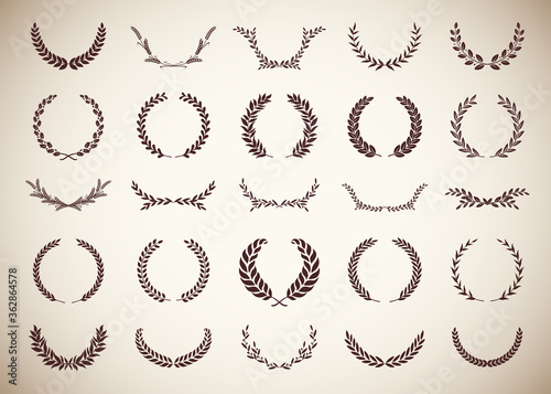 Collection of twenty five circular vintage laurel wreaths. Can be used as design elements in heraldry on an award certificate, manuscript and to symbolise victory illustration in silhouette
