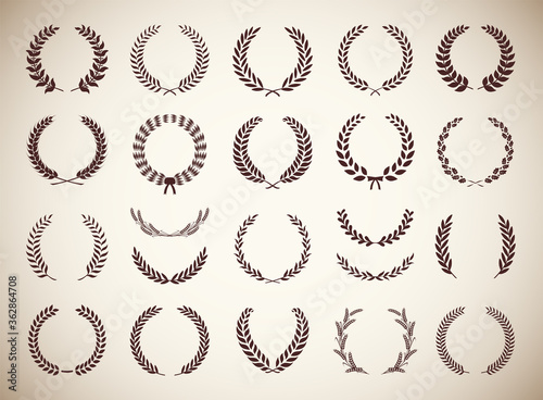 Set of twenty two circular vintage laurel wreaths. Can be used as design elements in heraldry on an award certificate, manuscript and to symbolise victory illustration in silhouette