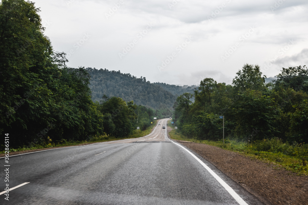 View from a moving car on a road