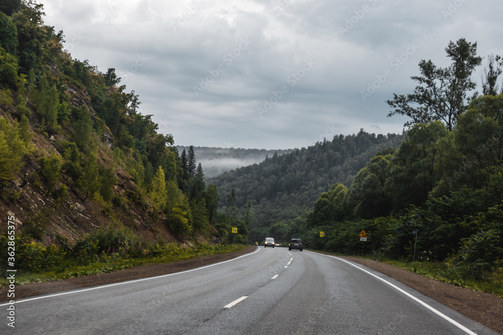 View from a moving car on a road