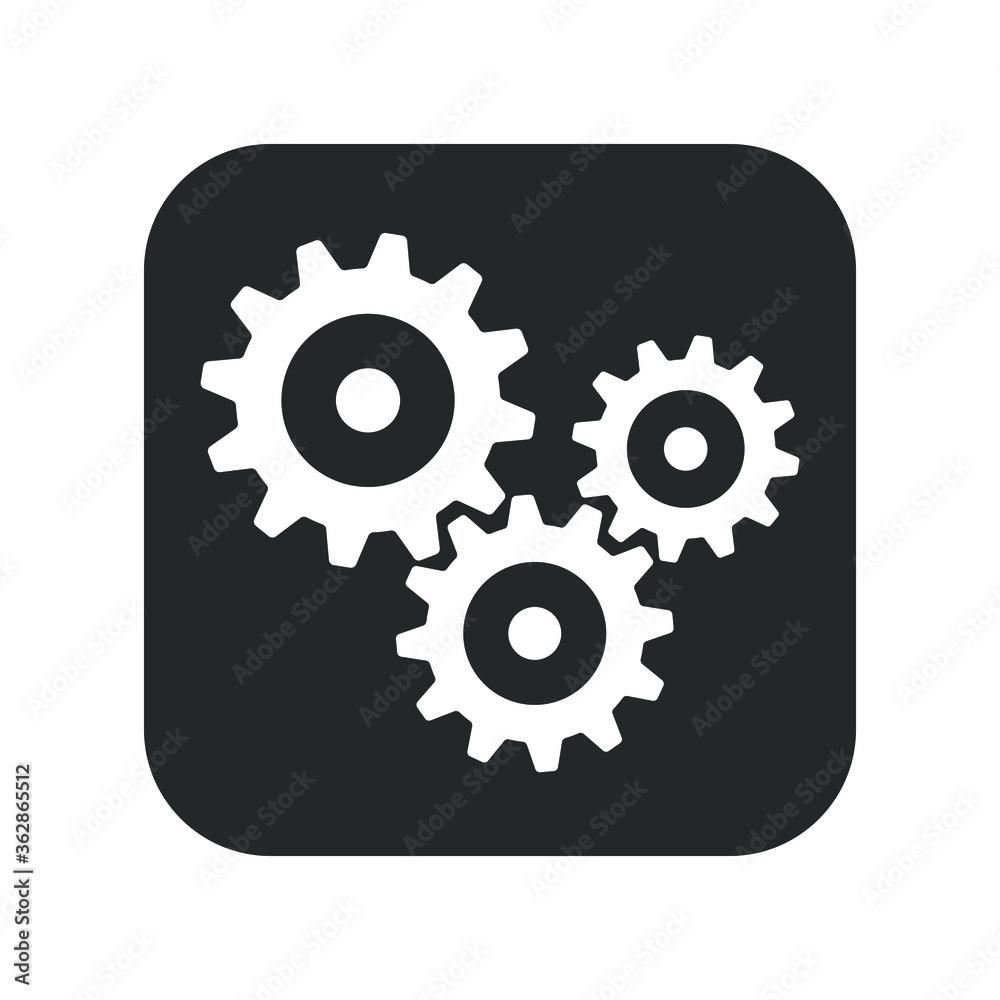 Cogwheel icon. Sprocket wheel logo. Settings square button sign. Mechanic gears symbol. Black silhouette isolated on white background. Vector illustration image. Cogwheel icon. Sprocket wheel logo. Settings square button sign. Mechanic gears symbol. Black silhouette isolated on white background. Vector illustration image.