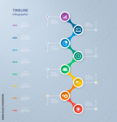 Infographics timeline template with realistic colorful circles for 8 steps and icons. Can be used for workflow layout, diagram, number options, step up options, web design, infographics, presentations