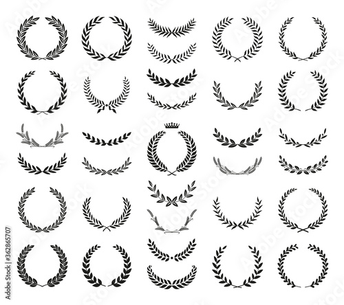 Collection of different black and white silhouette circular laurel foliate, wheat and olive wreaths depicting an award, achievement, heraldry, nobility. Vector illustration.