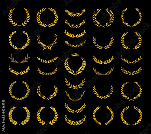 Collection of different golden silhouette laurel foliate, wheat and olive wreaths depicting an award, achievement, heraldry, nobility, game dev. Vector illustration. photo