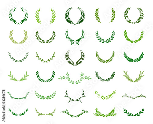 Set of silhouette laurel foliate wreaths depicting an award, achievement, heraldry, nobility. Vector illustration.