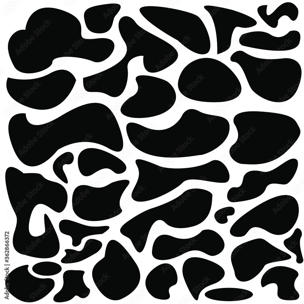 Fototapeta premium Set of random blotch, inkblot. Colored, black organic blob, blot. Drop of liquid, fluid. Pebble, stone silhouette. Ink stain, mottle spot irregular shape. Vector basic, simple rounded, smooth form.