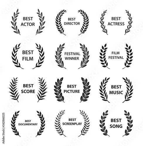 Film Awards. Set of black and white silhouette award wreath. Vector illustration.