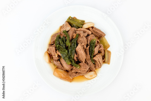 Stewed pork on a white background