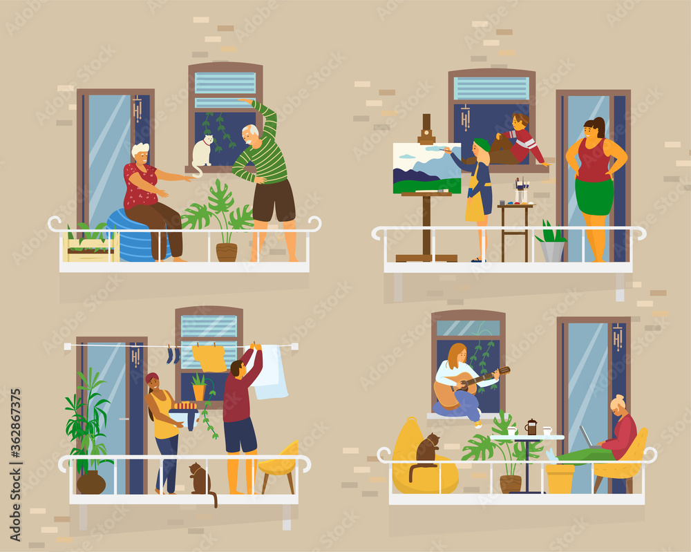 Balconies With People  During Quarantine. Neighbours On Socail Isolation. Senior Couple Doing Exercises, Girl Painting, Couple Doing Laundry, Playing Guitar, Working.Flat Vector Illustration. 