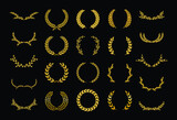 Set of different golden silhouette laurel foliate, wheat  and olive wreaths depicting an award, achievement, heraldry, nobility, logo, emblem. Vector illustration.