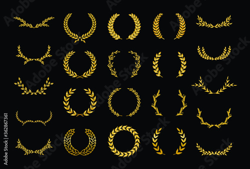 Set of different golden silhouette laurel foliate, wheat  and olive wreaths depicting an award, achievement, heraldry, nobility, logo, emblem. Vector illustration.