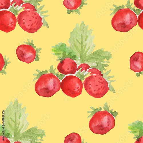 Seamless pattern. Watercolor hand-drawn illustration. Berries and leaves of strawberries  strawberries. Natural healthy products  fresh. Fruits and vegetarian food. Print  textile  paper.