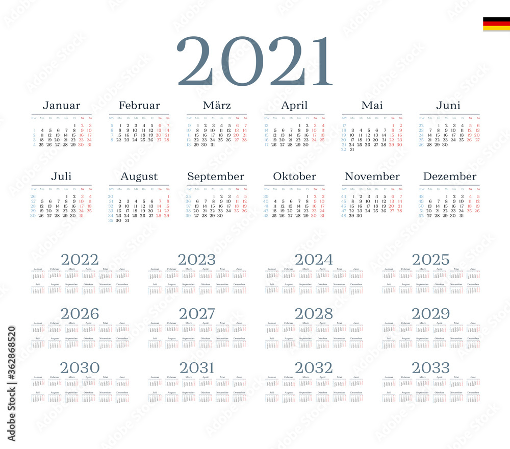 German Calendar for 2021-2033. Week starts on Monday German Calendar for 2021-2033. Week starts on Monday