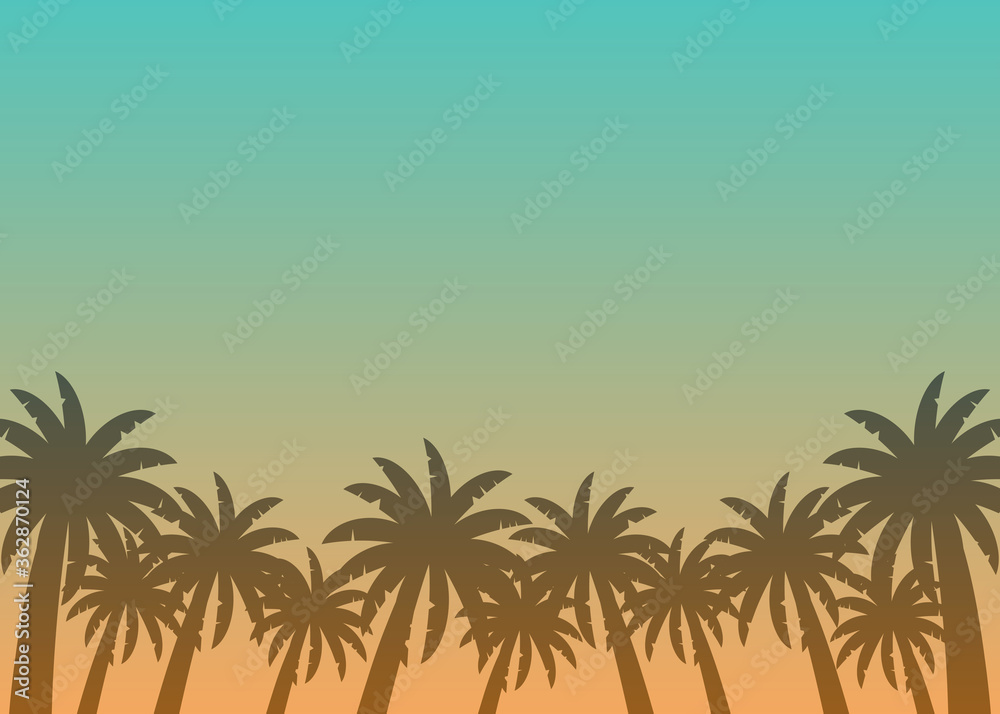 Vector illustration of sky and coconut palm trees with place for text. For invitation, greeting card, mailing, advertisement of travel agency, poster, article, promotion,  web and advertising banner.