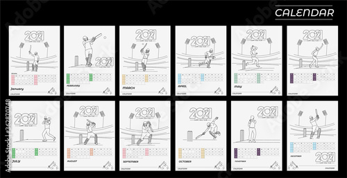 Happy new year 2021 Calendar Cricket Poster Event - New Year Holiday design elements for holiday cards, calendar banner poster for decorations, Vector Illustration Background.