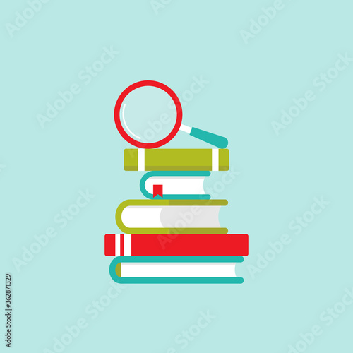 Stack of colorful books with magnifying glass. Isolated on powder blue background.