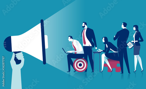 Education. Business team listening a megaphone. Business vector illustration
