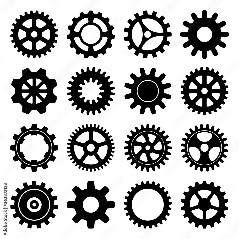 Mechanical gear collection 16 icon, black machinery cogwheel silhouette set, isolated on white background. Vector illustration. Mechanical gear collection 16 icon, black machinery cogwheel silhouette set, isolated on white background. Vector illustration.