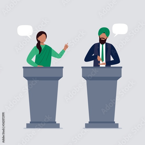 Indian people taking part in debates. Pair of government workers talking to each other, discussing problems, or having a dispute. Flat vector illustration.