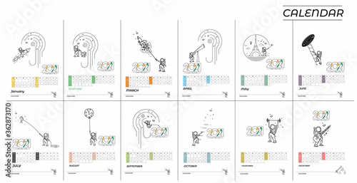 Set of Happy new year 2021 Calendar with astronaut design elements for holiday cards, Flyer banner poster for decorations.