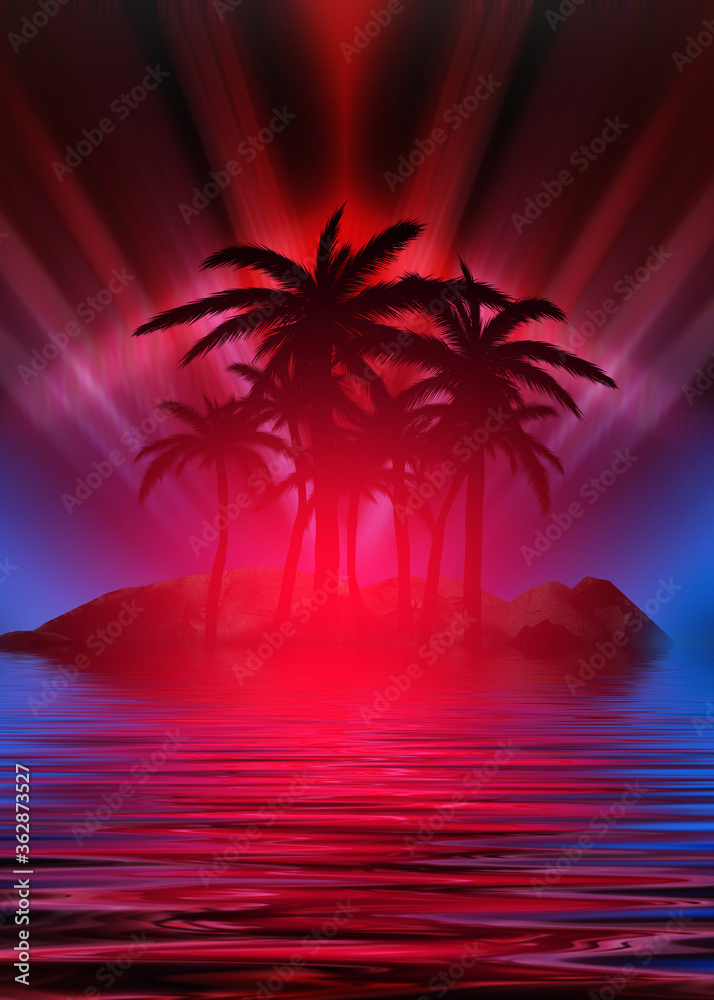 Naklejka premium Abstract futuristic background. Neon glow, reflection of tropical palm trees on the water. Night view, beach party. 3d illustration