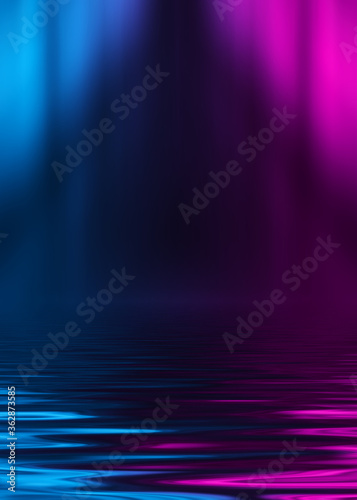 Abstract dark futuristic background. Neon rays of light are reflected from the water. Background of empty stage show, beach party. 3d illustration
