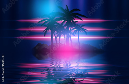 Abstract futuristic background. Neon glow  reflection of tropical palm trees on the water. Night view  beach party. 3d illustration
