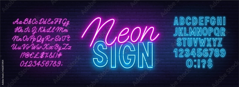 Neon duo pink and blue font. Bold and script alphabet on a brick wall background. Template for neon sign.