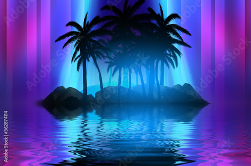 Abstract futuristic background. Neon glow  reflection of tropical palm trees on the water. Night view  beach party. 3d illustration