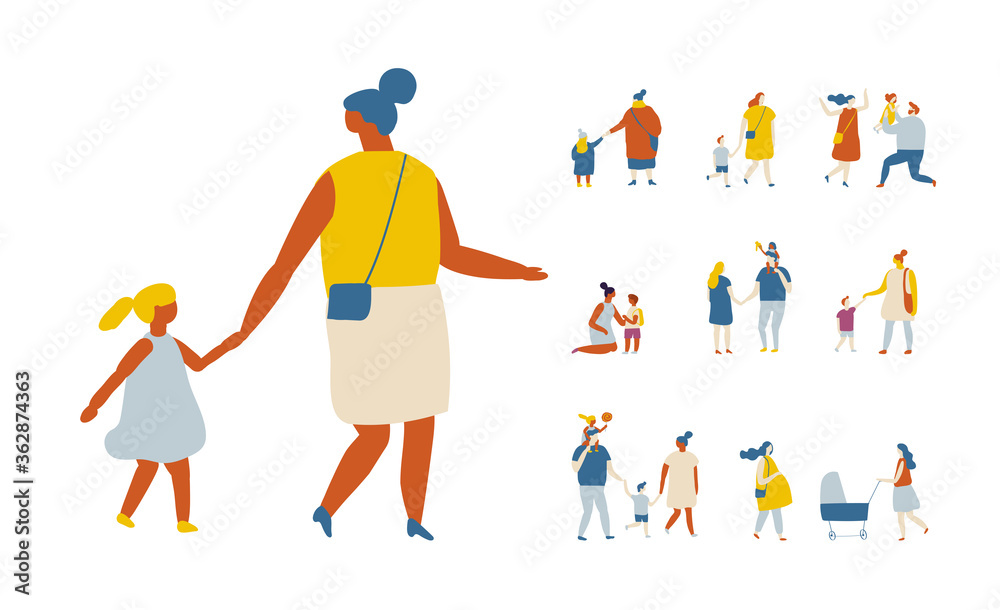 Flat vector cartoon family. Parents and kids. Mother with child. Childhood. Outdoor.