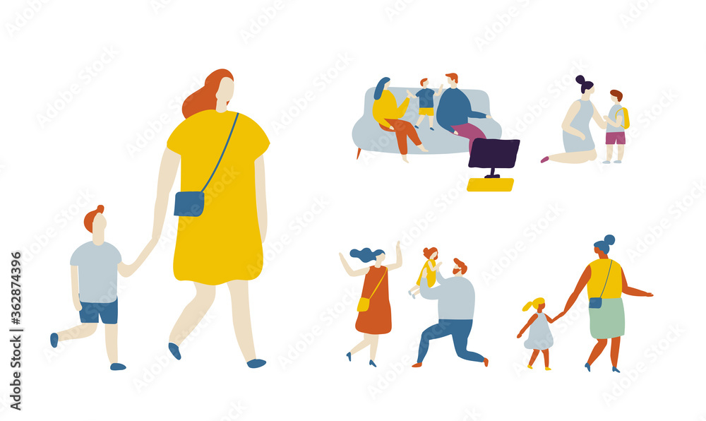 Flat vector cartoon family. Parents and kids. Childhood. Outdoor. Flat vector cartoon family. Parents and kids. Childhood. Outdoor.