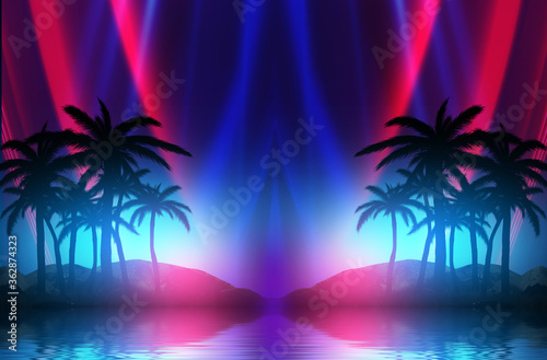 Abstract futuristic background. Neon glow  reflection of tropical palm trees on the water. Night view  beach party. 3d illustration